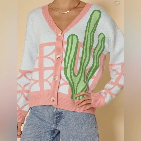 New Miss sparkling blue cactus cardigan sweater sz S - Picture 3 of 5